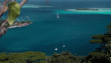 stunning scene of sailing yachts at anchor in a secluded tropical paradise with trees and reef in the south pacific