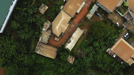 Aerial-view-above-houses-and-traffic-in-the-Etoug-Ebe-neighborhood-of-Yaounde,-Cameroon---top-down,-drone-shot