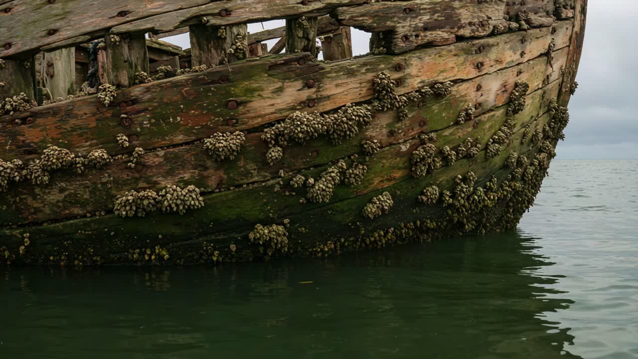 A Captivating Glimpse of a Weathered Shipwreck, Encrusted with Marine Life, Resting Serenely in Calming Waters Under a Overcast Sky