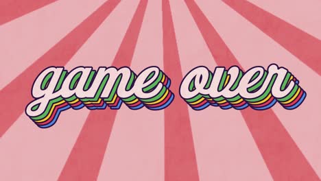 Animation-of-game-over-text-banner-against-radial-rays-in-seamless-pattern-on-pink-background