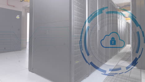 animation of scope scanning with cloud and padlock icon over server room