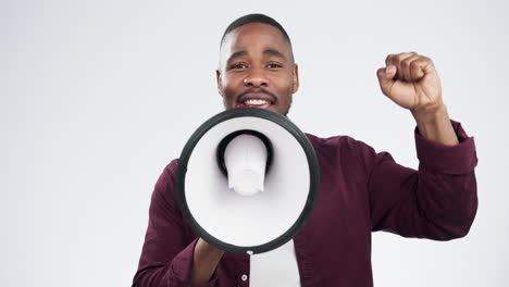 black man, megaphone and protest speech in studio