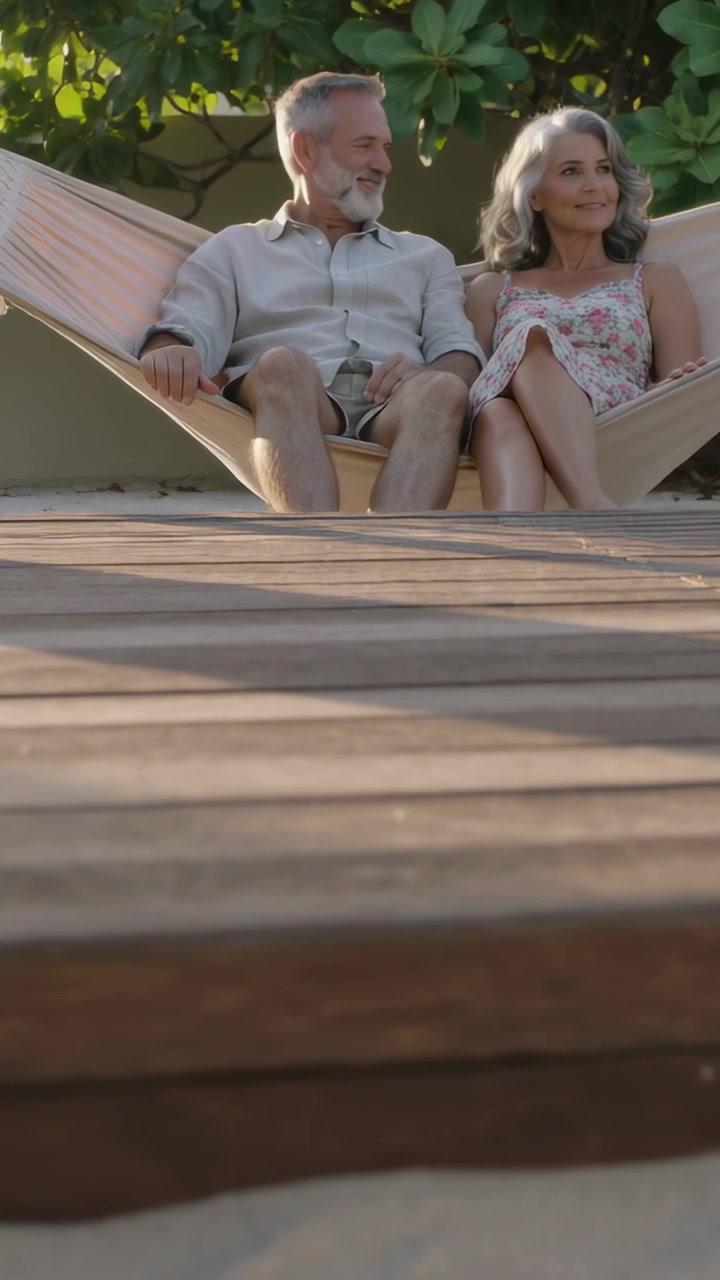 Vertical video: Basking in sun, seniors smiling in hammock on deck, wearing shirt and dress