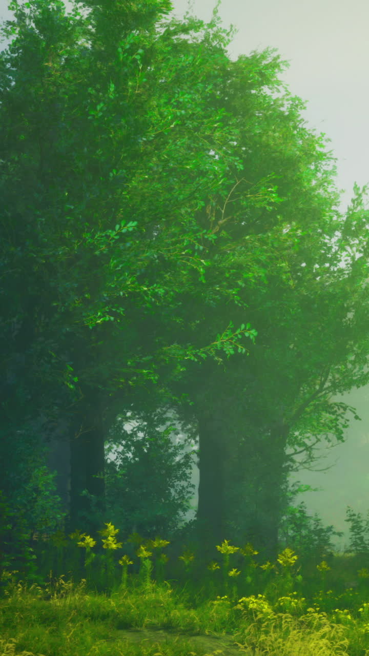 Nebbia in una foresta con vegetazione rigogliosa e una leggera luce solare che filtra tra gli alberi