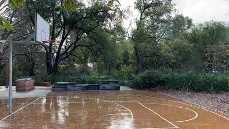 Anillo-De-Baloncesto-Y-Tablero-En-Una-Cancha-Marrón-Húmeda-Con-Fondo-De-Arbusto-Australiano