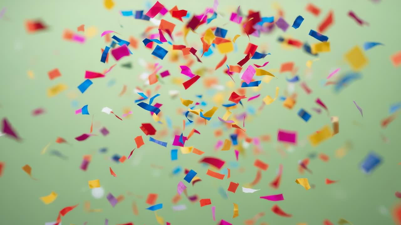 Starting scattered, center bright confetti moving toward camera against pale green backdrop, bokeh