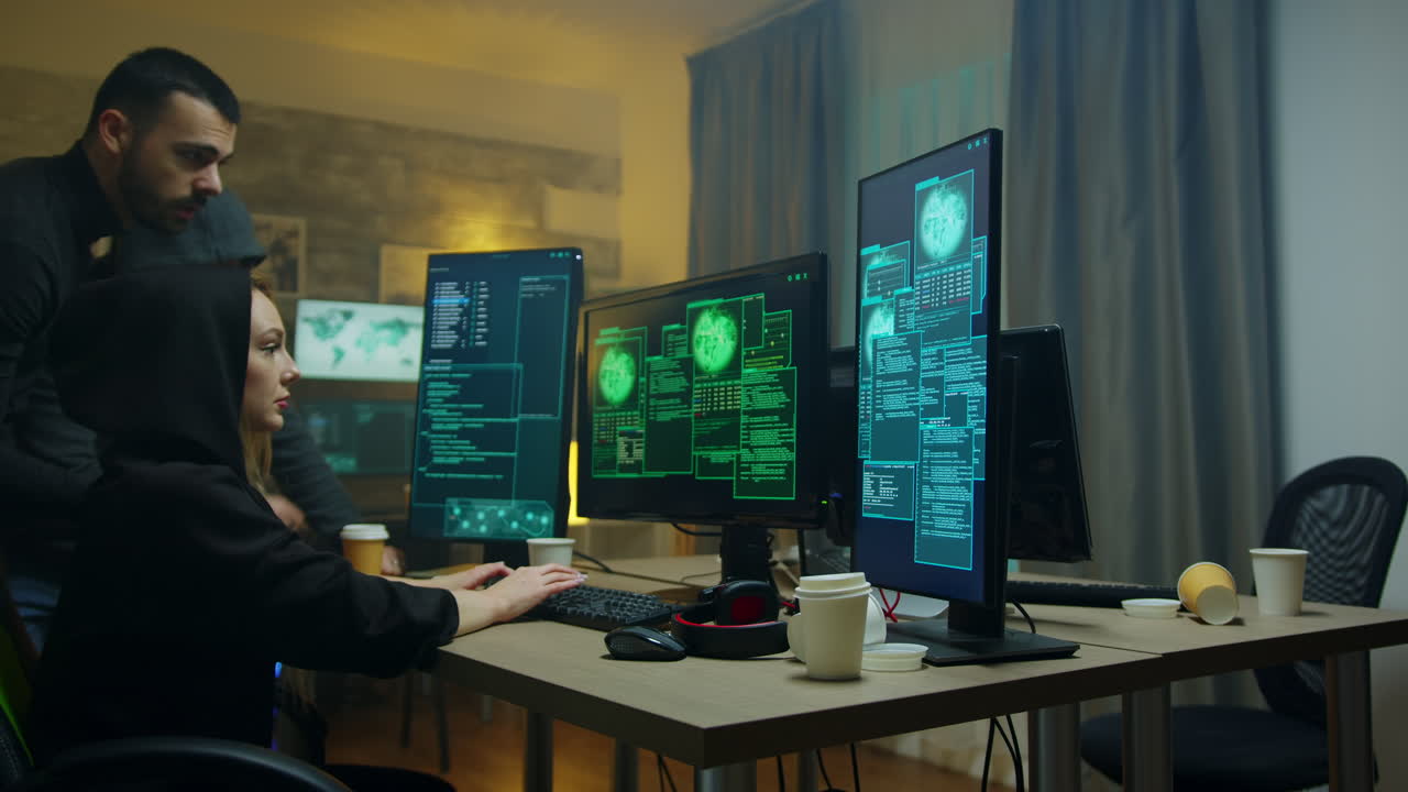 Male hackers looking at how their cyber criminal girl