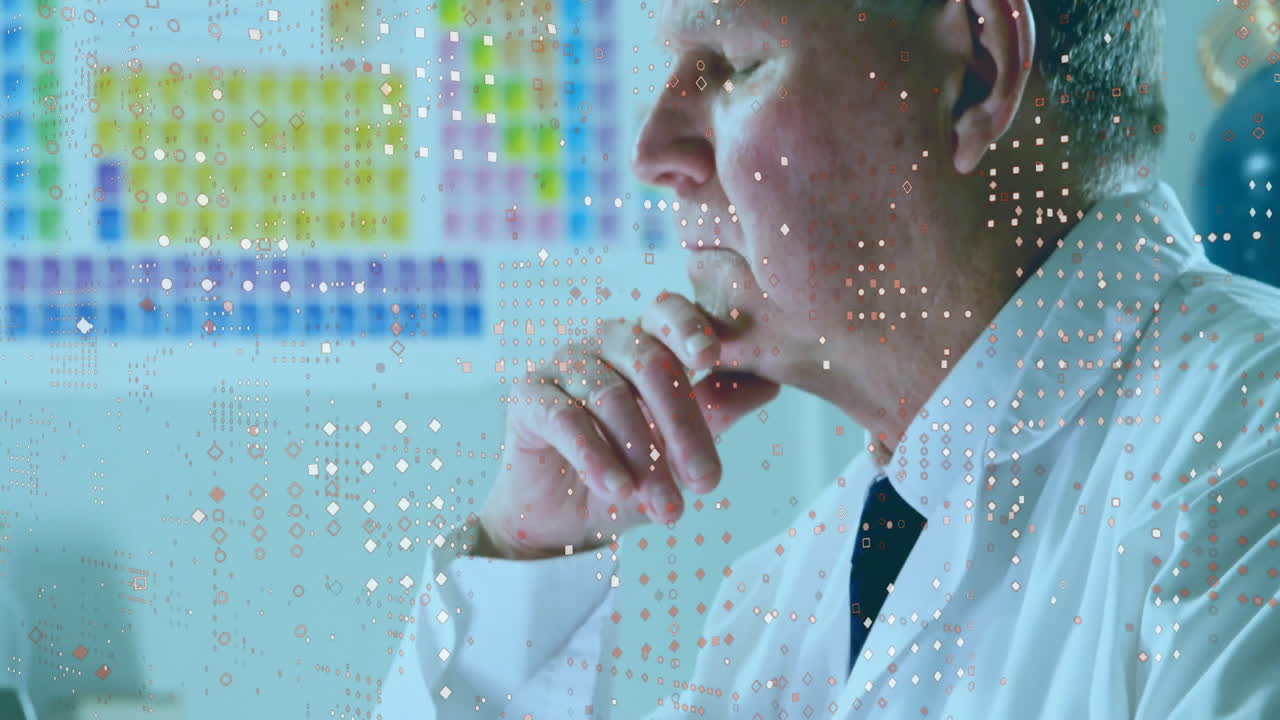 Analyzing data, scientist in lab coat with periodic table in school laboratory