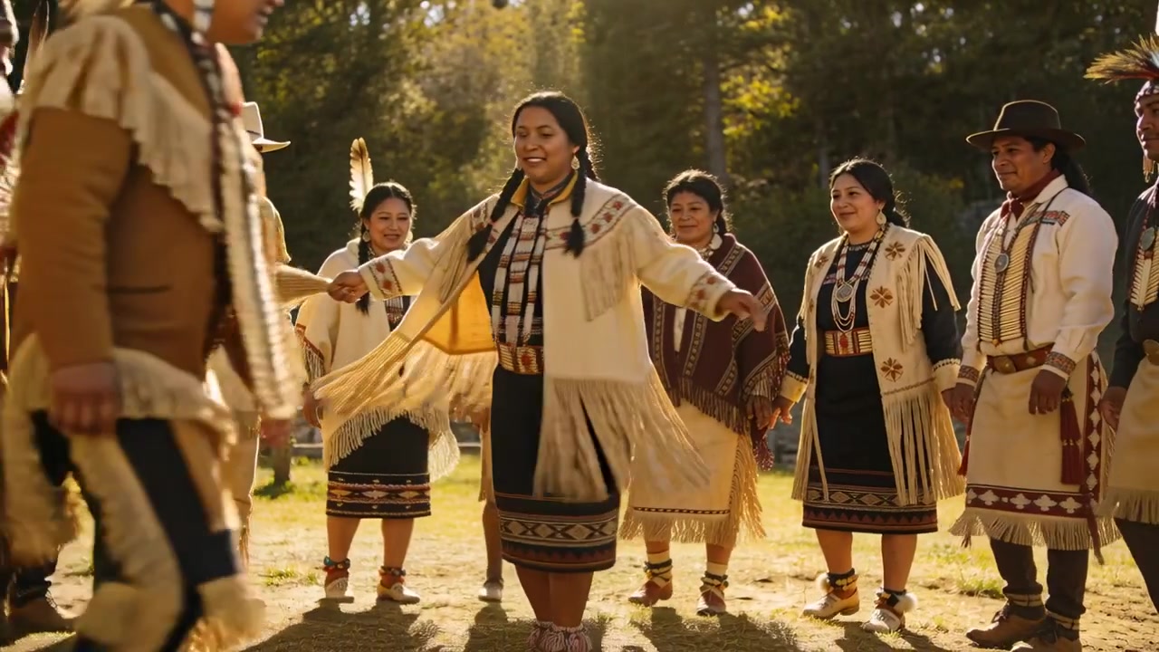 Ermutigendes Klatschen, während ein indigener Tänzer mit Fransen sich dreht und Schritte auf einer sonnenbeschienenen Lichtung mit einem Federfächer macht.