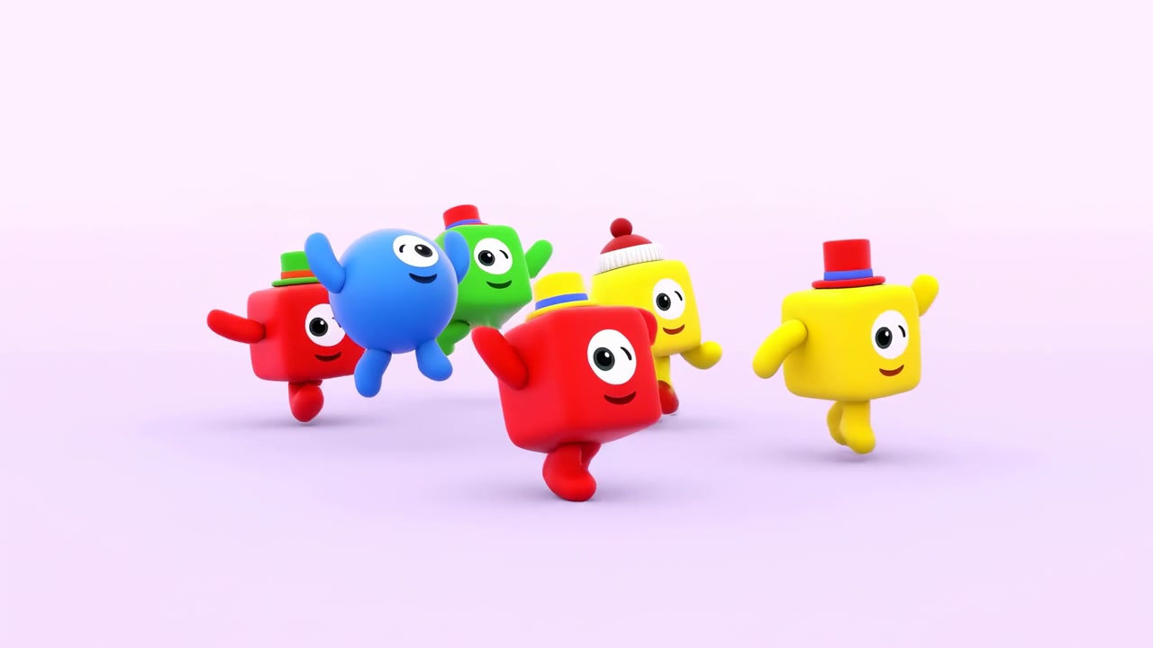 A group of bright toy-like cartoon characters stands together on a soft pink studio background, facing forward with clean lighting and a playful look