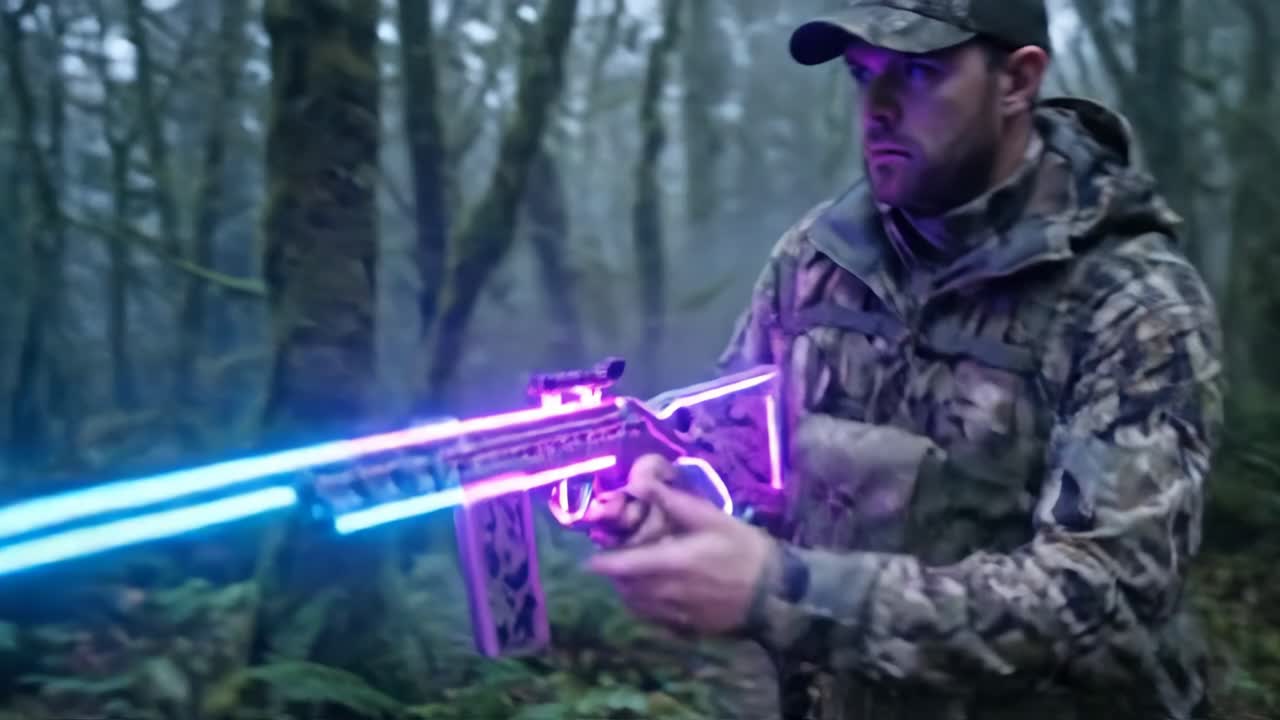 Muž v maskovacím oblečení kráčející s futuristickou puškou ve tmě v lese