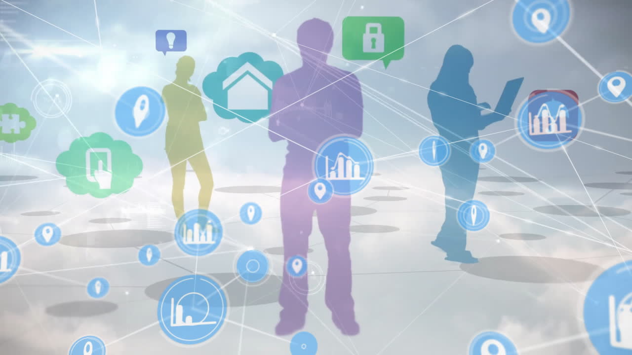 전자 장치를 가진 사람들에 대한 아이콘을 가진 연결 네트워크의 애니메이션