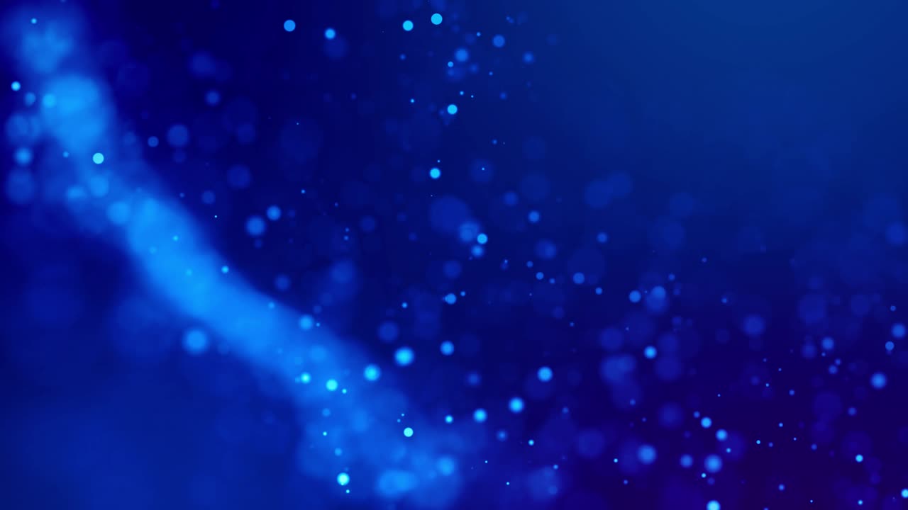 마법의 파란 빛나는 입자가 적적한 액체 속으로 흐르고 밝게 반인다 - 공상과학 소설 - 반이는 입자, 현장 깊이 및 보케와 함께 4k 3d sf 배경 - 알파 채널로 루마 매트