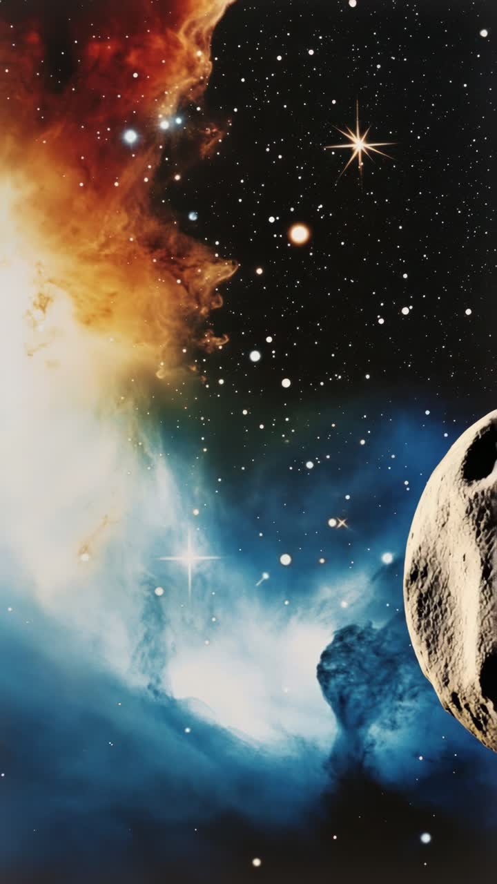 Una scena cosmica ipnotica con nebulose vibranti in tonalità arancioni e blu