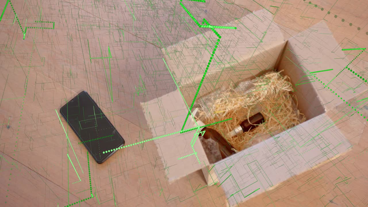 Smartphone sending signal, open box receiving green overlay lines and nodes, tracking shipment