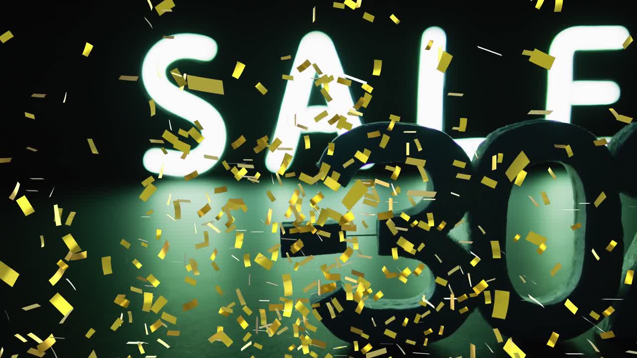 금색 콘페티의 애니메이션 판매 - 검은색 배경에  ⁇ 색의 30% 텍스트