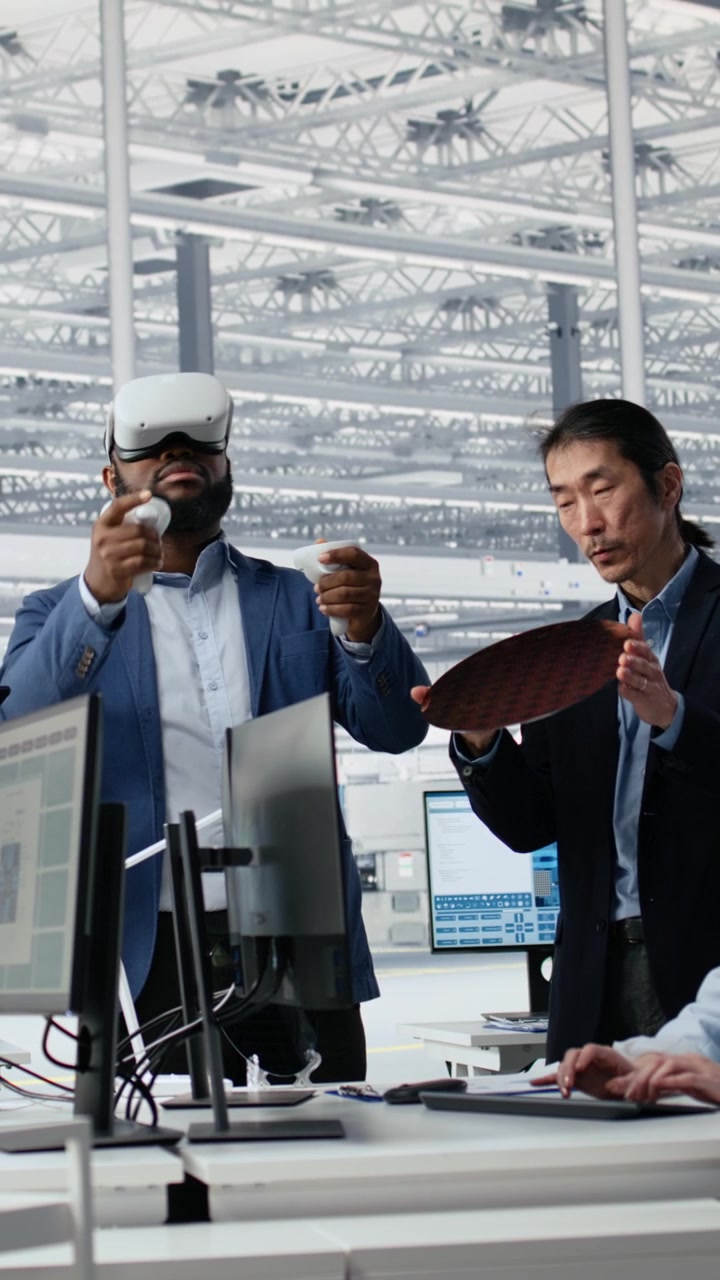 Vertical video Multiethnic engineering team in semiconductors factory office using VR headset