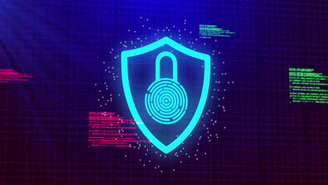 shield with lock and fingerprint, cybersecurity protection, digital background animation