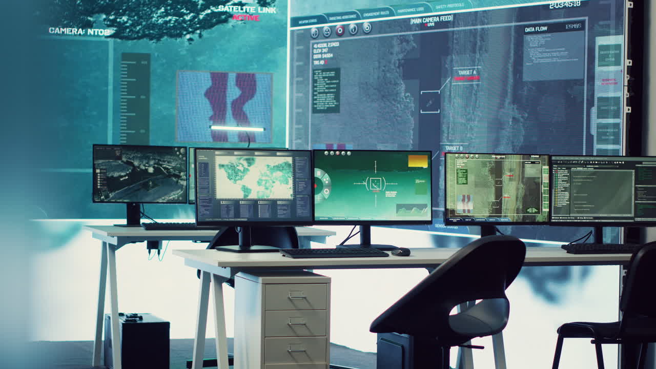Military operations center used in monitoring global threats on a big screen
