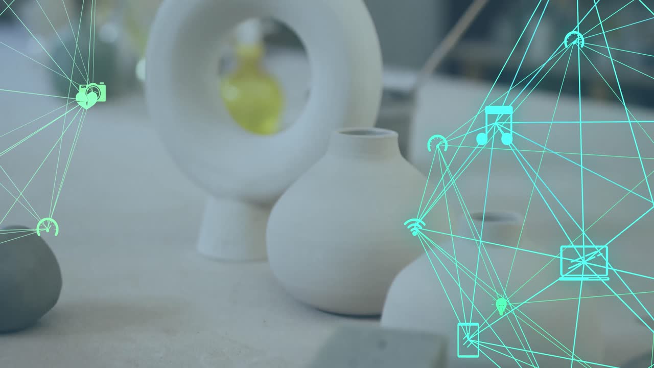도자기 제품의 클로즈업 위에 디지털 아이콘의 지구의 애니메이션