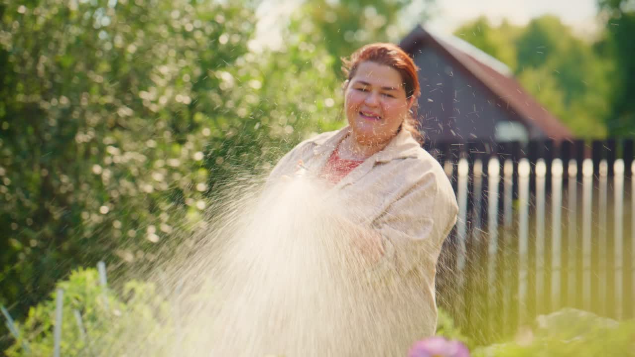A joyful woman tending her vibrant garden, joyfully spraying water on plants, surrounded by lush greenery and colorful flowers, enjoying nature's beauty and growth