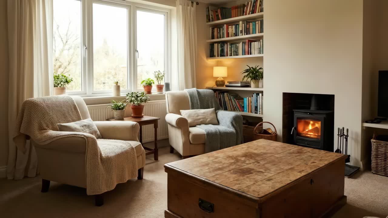 Cozy Living Room Interior with Fireplace, Bookshelf, and Armchairs
