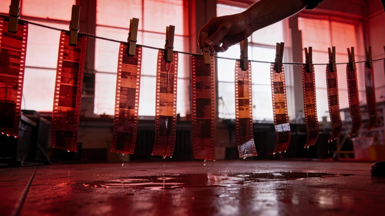 Main à manche sombre entrant par la droite, ajustant des clips sur une ligne de 35 mm sous une lumière rouge, film qui goutte et sèche.