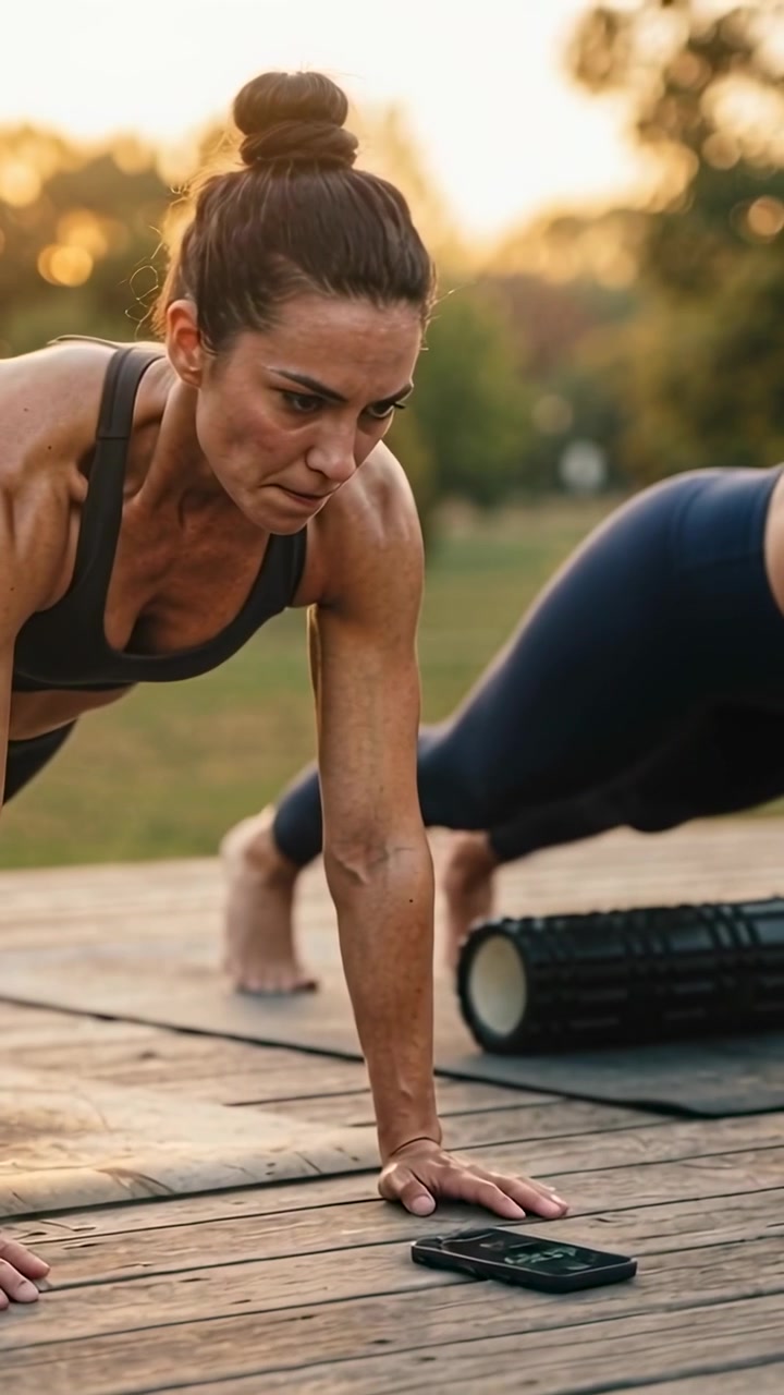Vertical video: Starting phone timer, woman in dark sportswear doing pushups on deck for timing