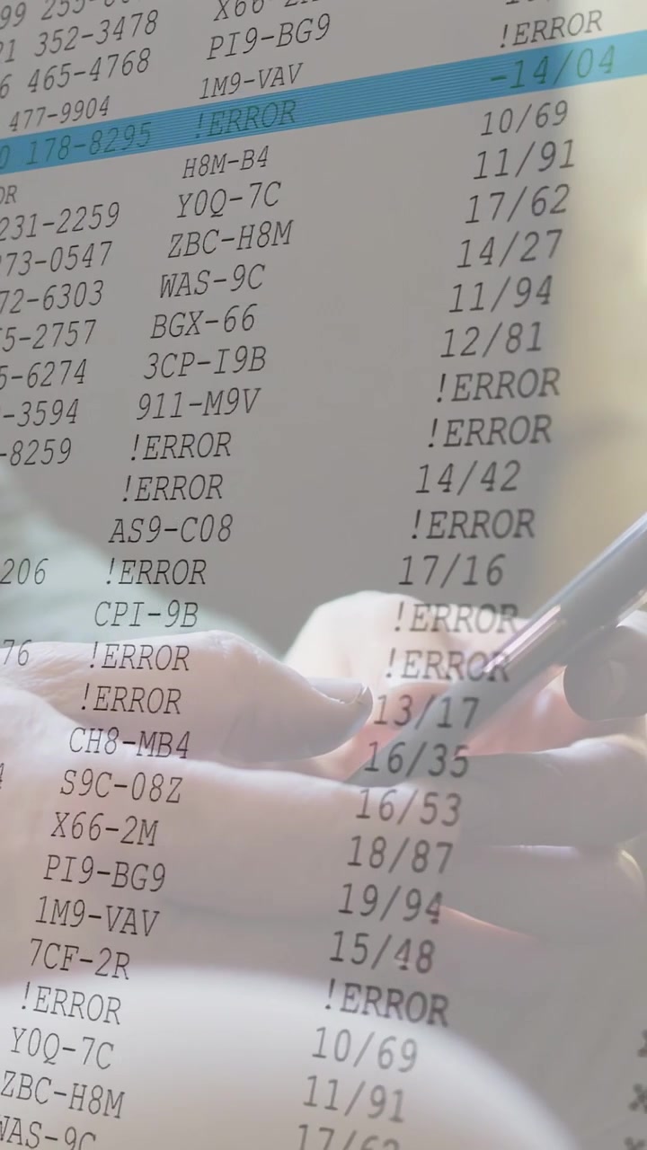 Vertical video: Man tapping phone with pen, overlaying scrolling error list, blue row for debugging