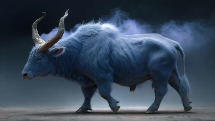 Un maestoso toro blu con emissioni di fumo a spirale: una trasformazione affascinante catturata in due fotogrammi che ne evidenziano l'eterea presenza e l'aura unica