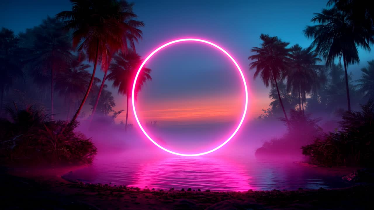 Cerchio al neon in un paesaggio tropicale al tramonto