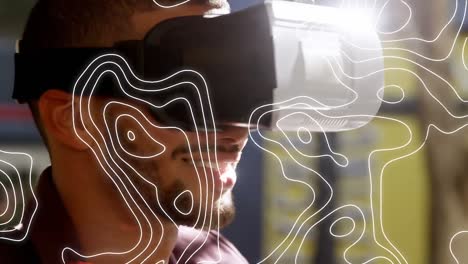 animación de líneas blancas sobre hombre de raza mixta usando auriculares vr