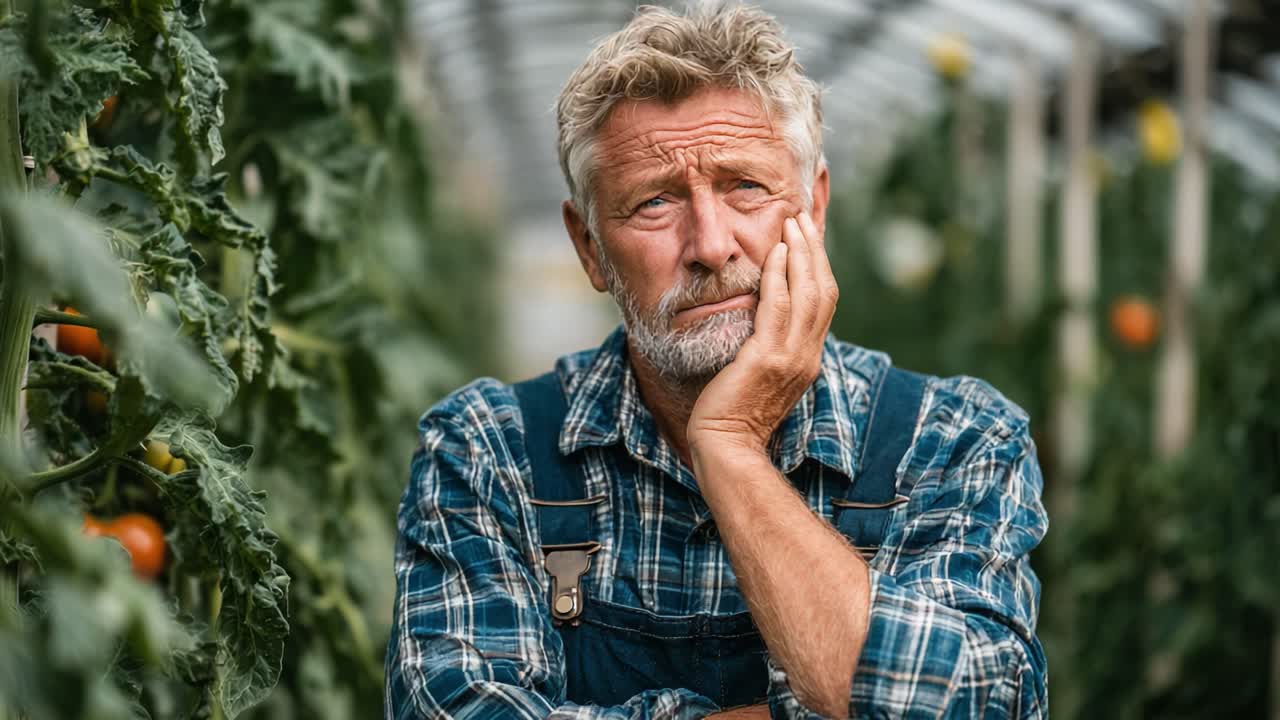 En ettertenksom bonde som reflekterer over tomatavlingen sin i et drivhus: Utforsker utfordringene og fordelene ved bærekraftig landbruk og dyrkingsteknikker