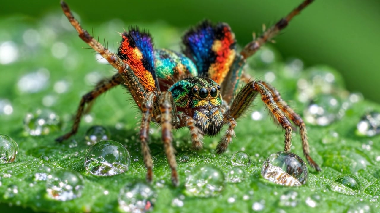 A Vivid Close-Up of a Colorful Spider on a Leaf Surrounded by Dew Drops, Capturing the Intricacies of Nature's Micro World in Stunning Detail
