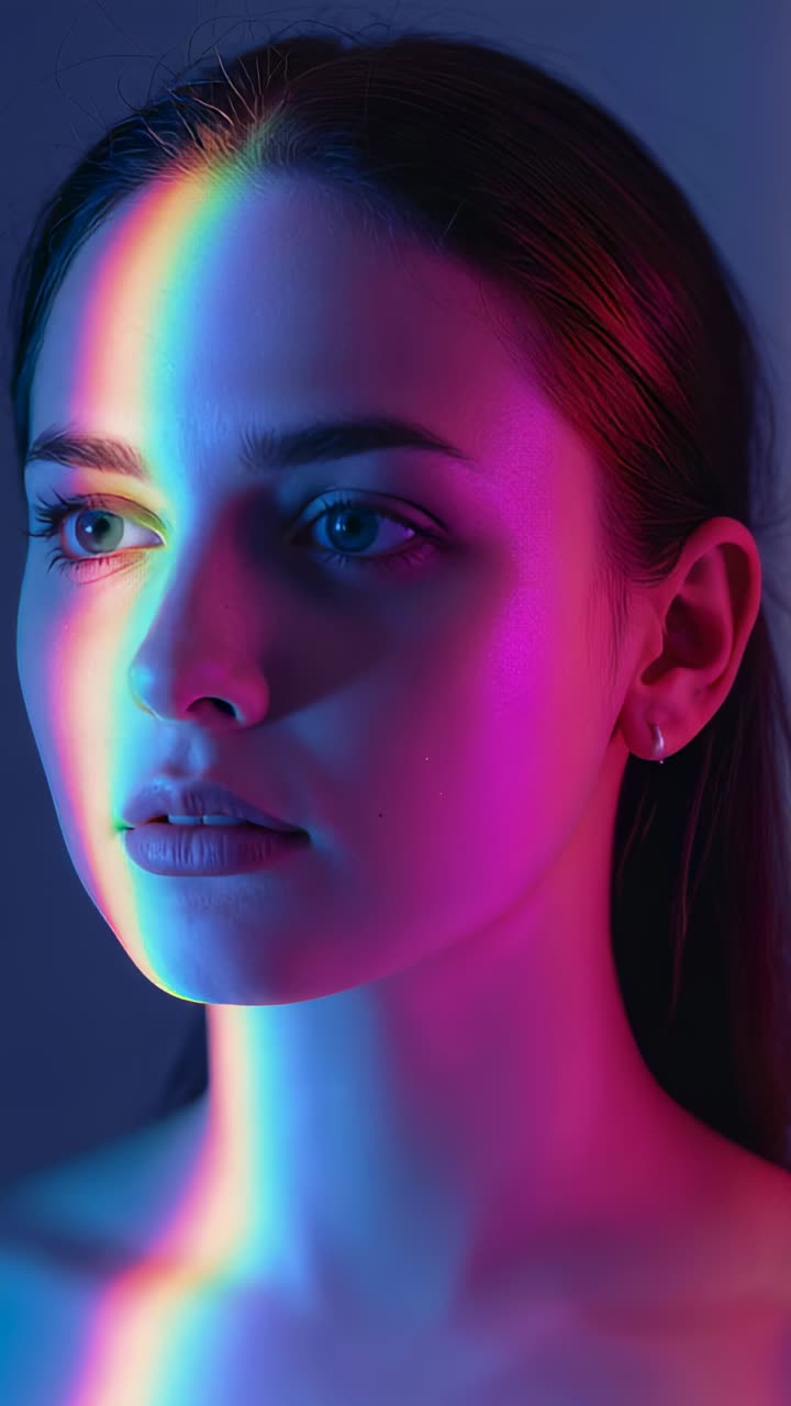 Vertical video: Initiating colored light, model rotating head in studio, illuminating features