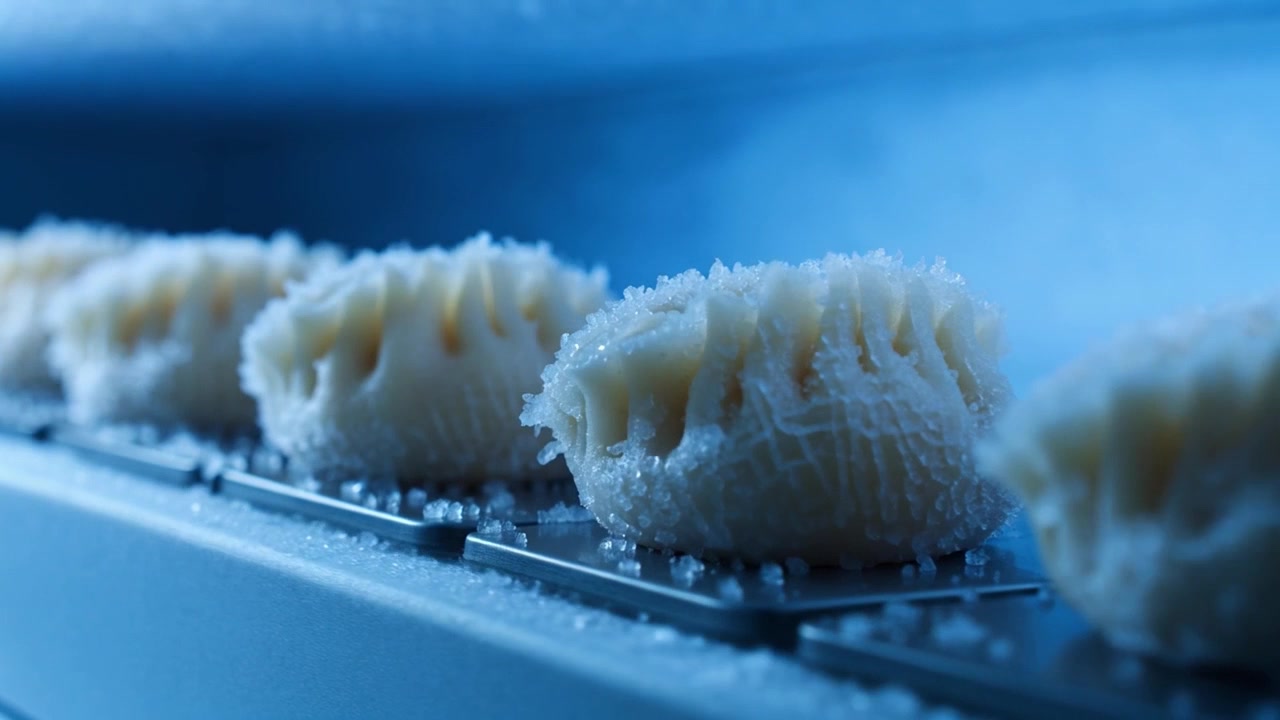 Ravioli che congelano su un nastro trasportatore industriale in una cella frigorifera