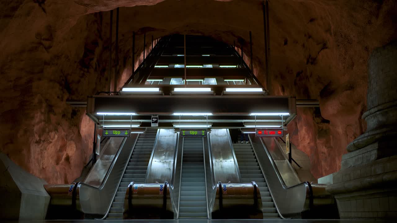 Radhuset station escalator, Stockholm, Sweden. Famous subway metro unique cave modern architecture