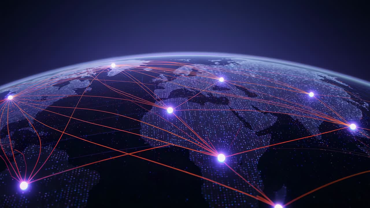 Panning shot revealing globe pulsing hubs on nightside, red arcs sending data trails showing links