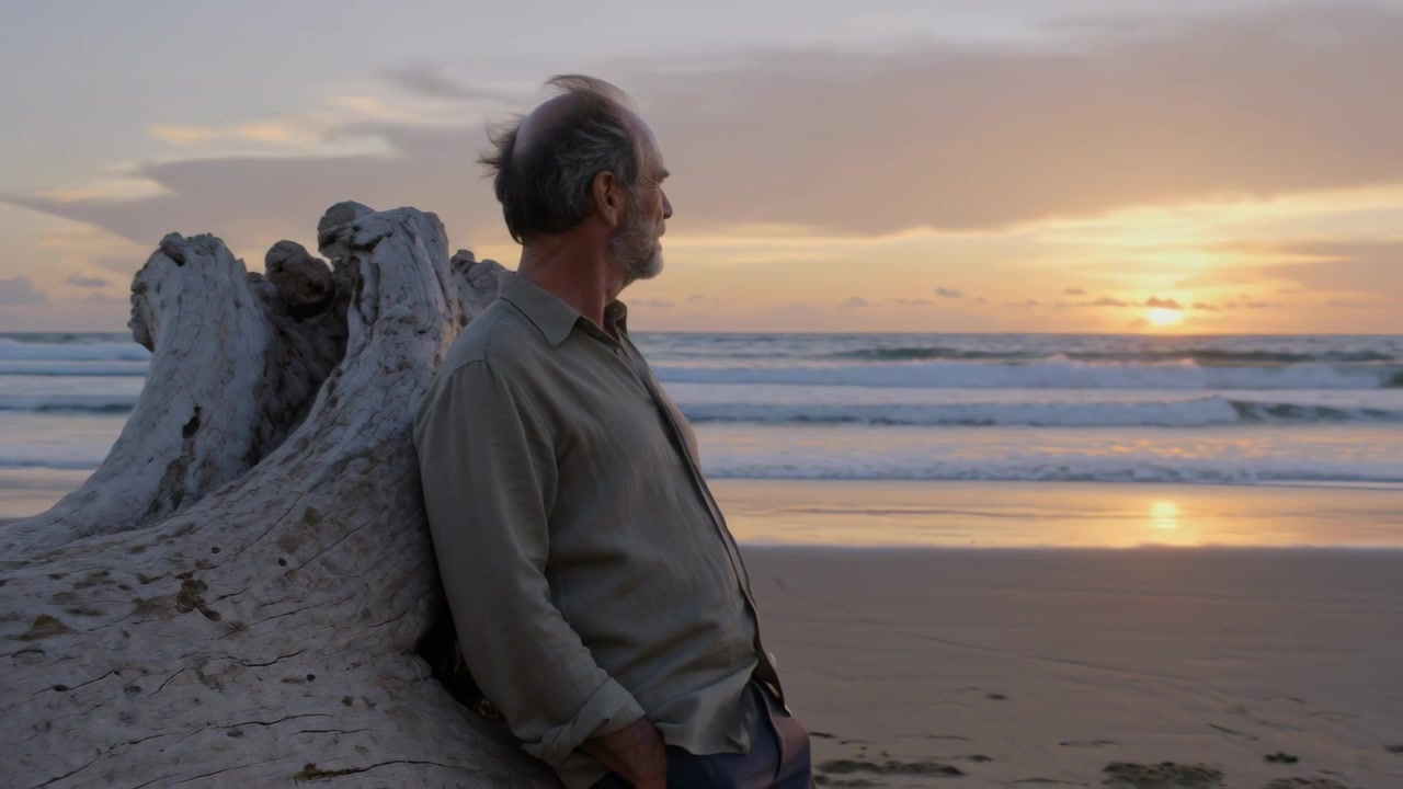 Arriving senior man leaning, watching sunset on beach with driftwood, shirt, copy space