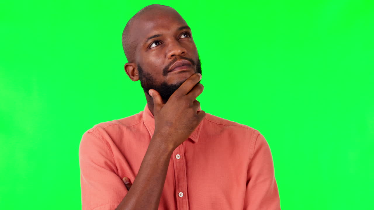 Black man, thinking and mindset on green screen