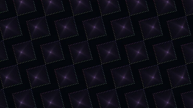 Digital neon cubes pattern in rows with neon dots on dark gradient