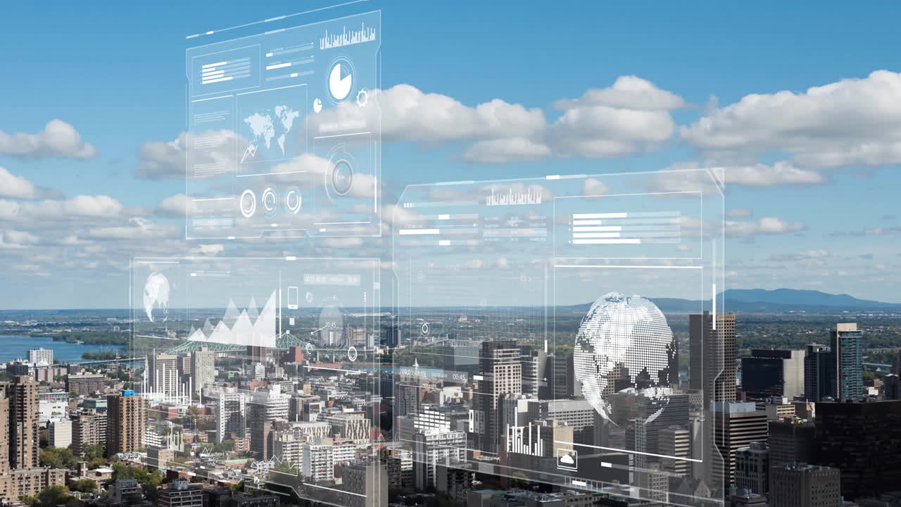 Animation of financial data processing over cityscape
