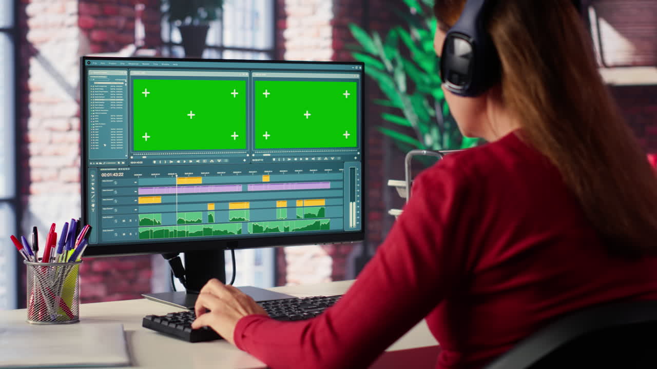Woman editing video with green screen on computer