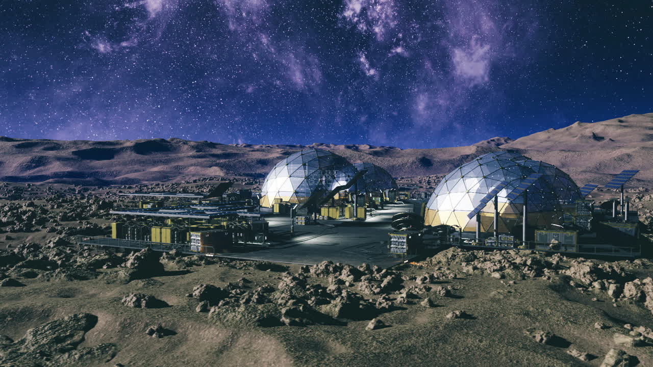 Sistemas automatizados supervisionando o desenvolvimento de plantas em habitat de cúpula lunar.