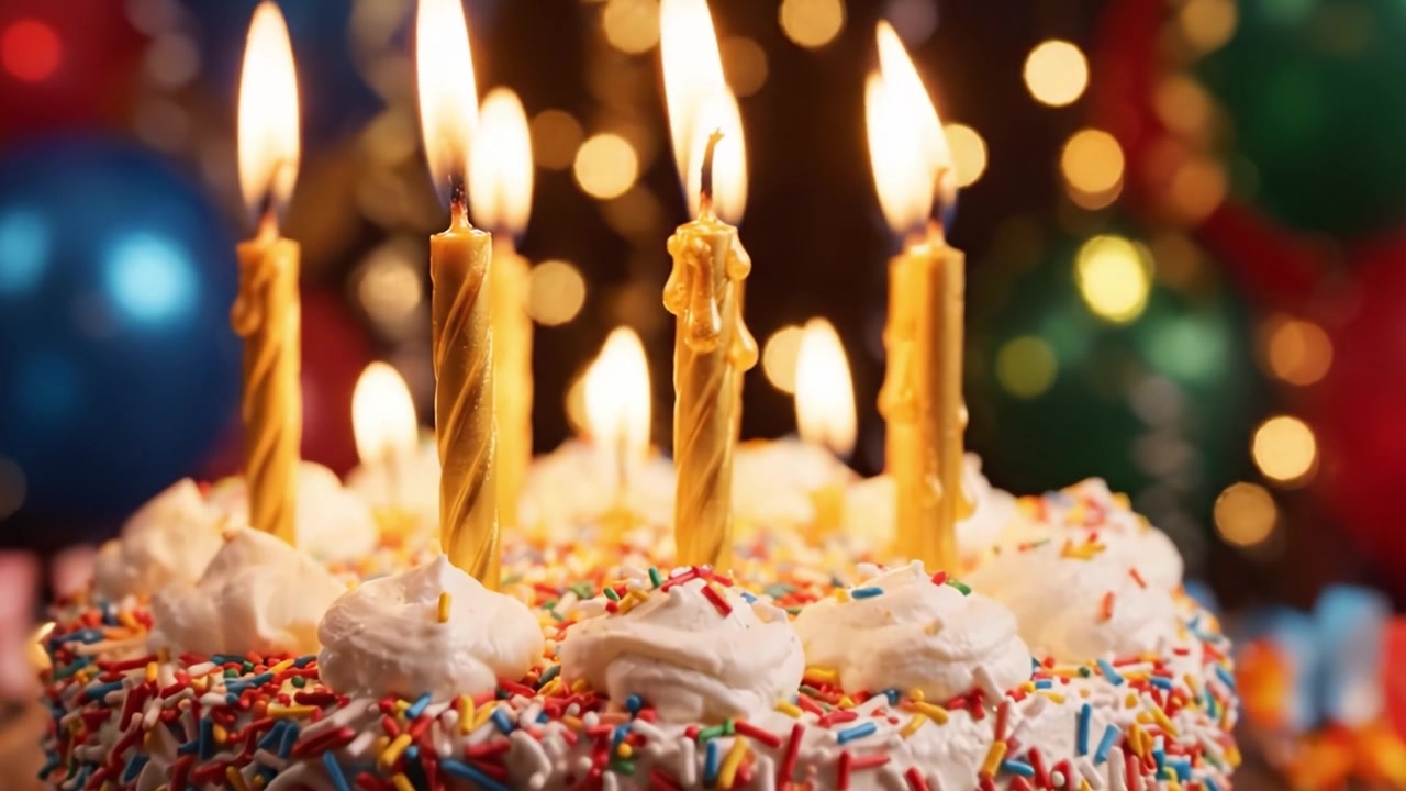 Una Torta Celebrativa Colorata Adornata con Candele e Zuccherini Tra Decorazioni Festive, che Cattura la Gioia dei Momenti di Compleanno