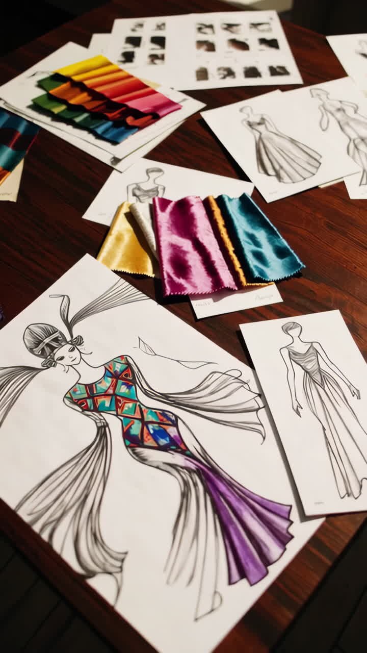 Schizzi di design di moda con campioni di tessuto