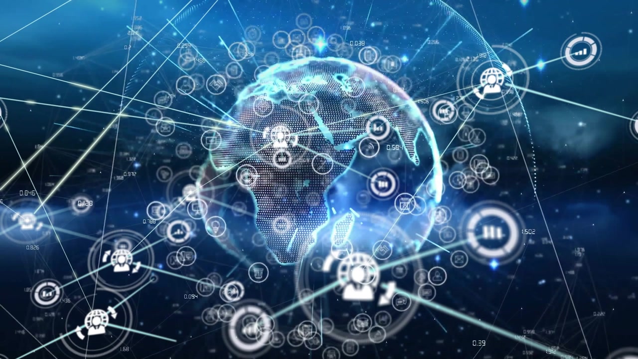 3D render rotating globe sending data streams outward toward network icons linking global exchange