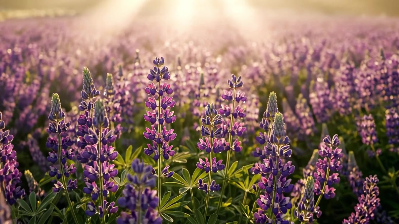Un campo mozzafiato di lavanda bagnato dalla luce dorata all'alba, che mette in mostra la bellezza della natura e la tranquillità dei fiori in piena fioritura dai colori vivaci.