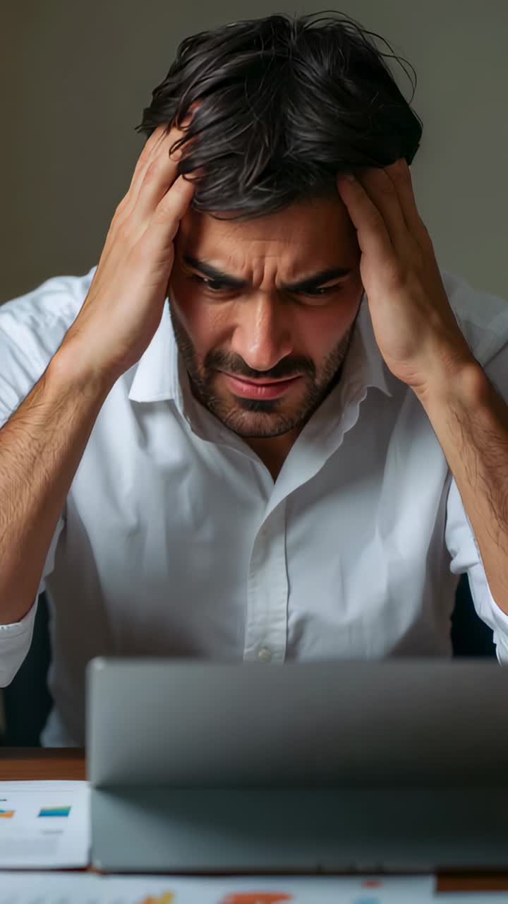 Vídeo vertical: Hombre con camisa blanca leyendo datos en un portátil, sujetándose las sienes y analizando gráficos en un escritorio