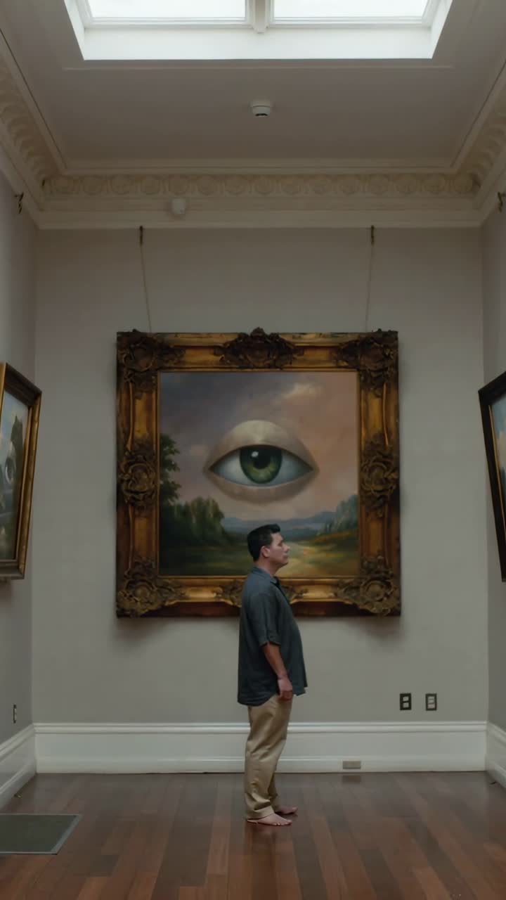 Video verticale: Uomo a piedi nudi che osserva si inclina in galleria mentre il lucernario proietta un quadro dagli occhi verdi.